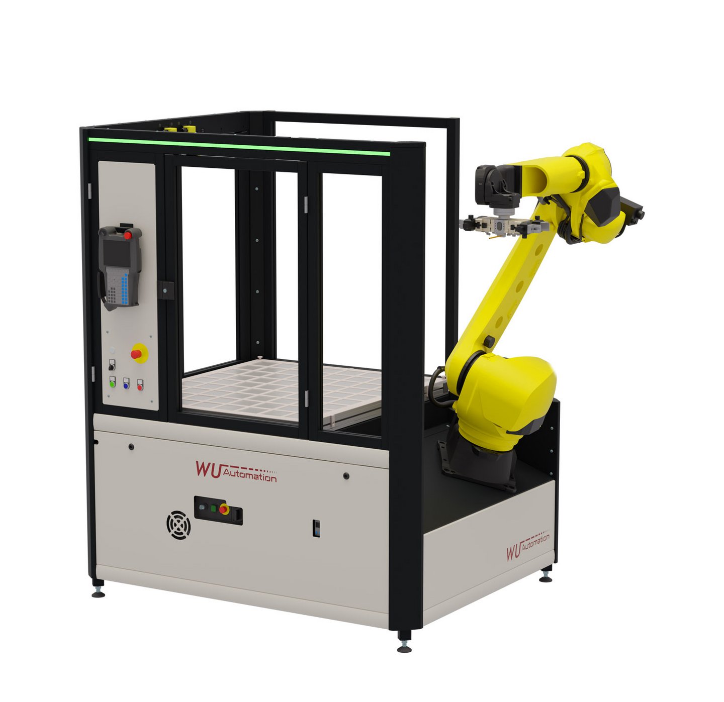 Gelber Industrieroboterarm der RZ-Reihe - an schwarzem und weißem Gehäuse mit Glasfenstern, beschriftet mit 'WU Automation'.