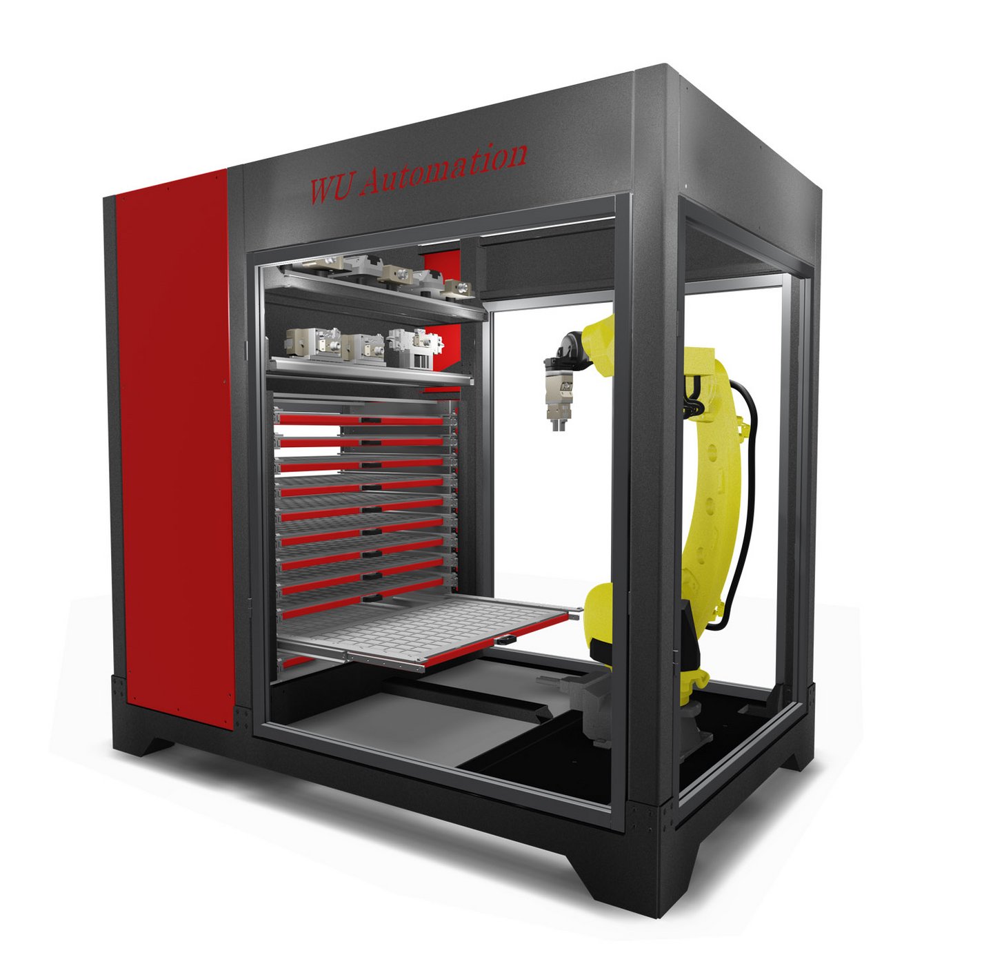 Metallische Werkstätte WU Automation: RZM -Reihe - Roboterarm in schwarzem und rotem Gehäuse mit mehreren horizontalen Ablagen.