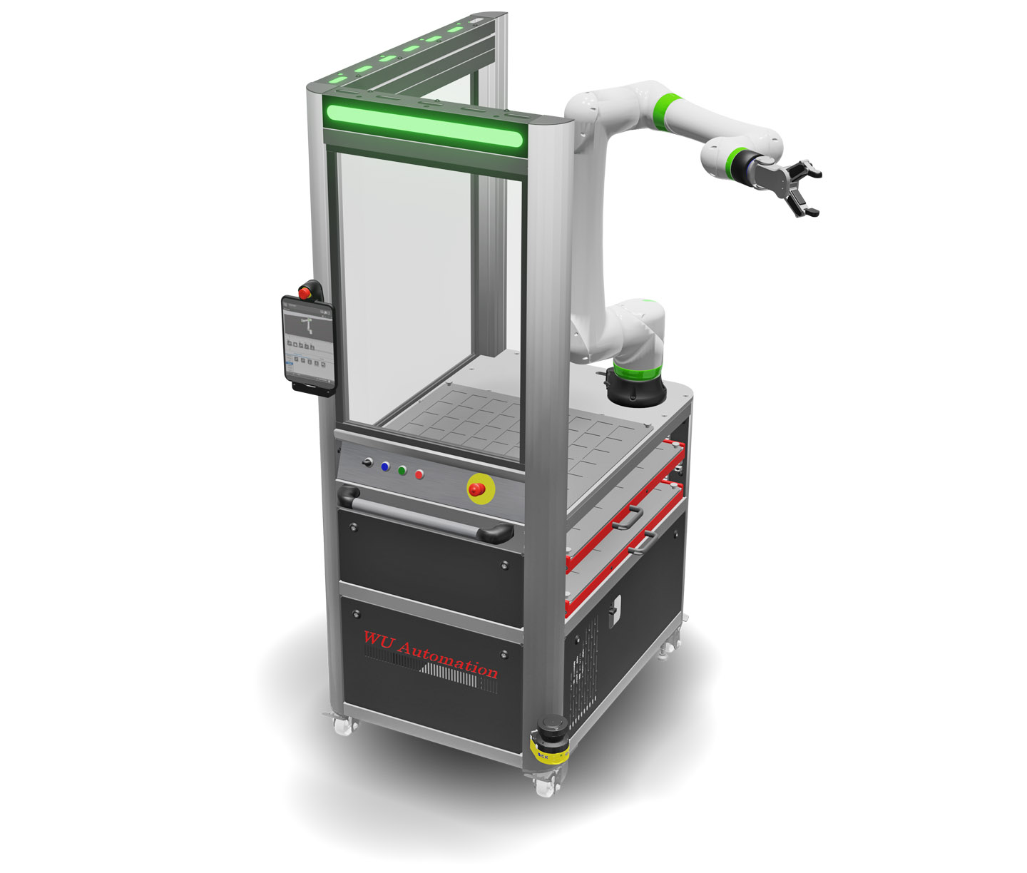 Mobiler Roboterarm der RZC-Reihe, mit Greifer an einem fahrbaren Gestell mit Steuerungstafel, beleuchtet mit grünem Licht, beschriftet mit 'WU Automation'.