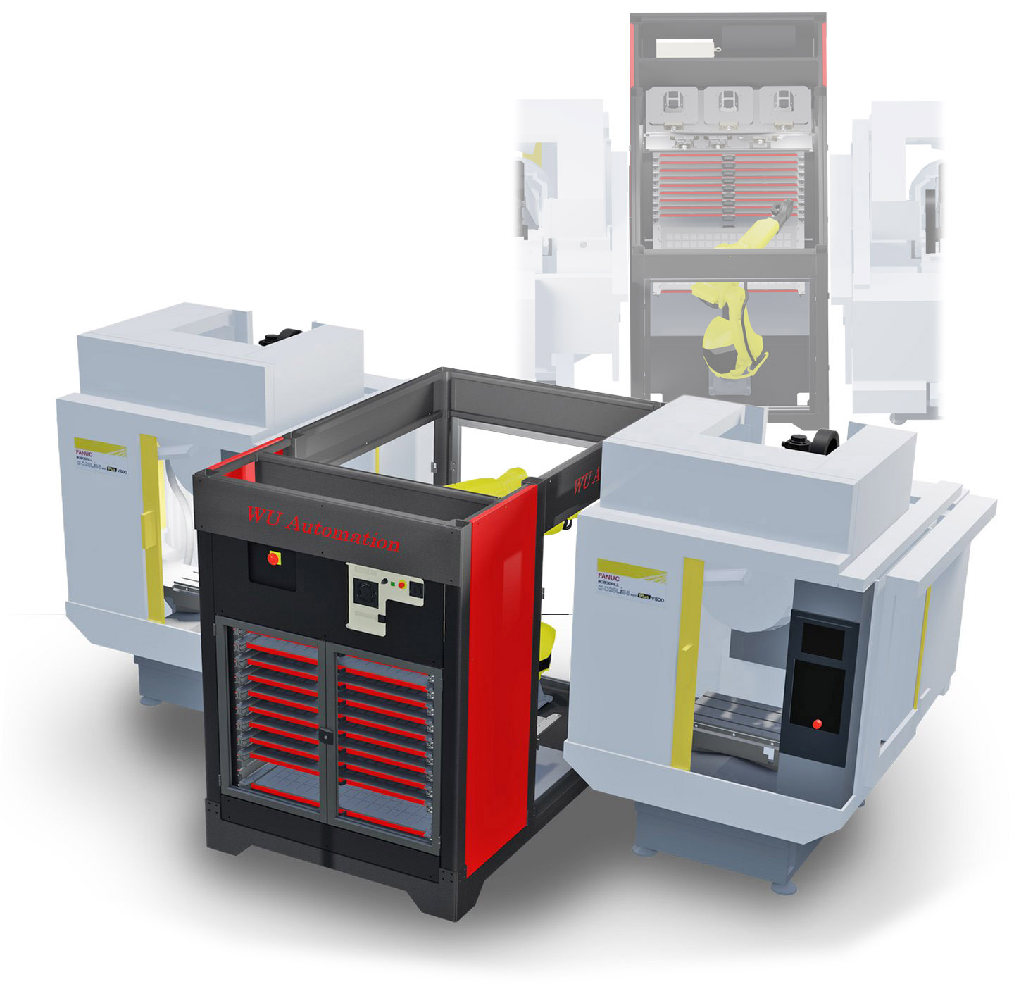Automatisierte Fertigungszelle - Robodrill RZM - mit zwei weißen CNC-Maschinen und einem schwarzen-rot lackierten WU Automation Robotergehäuse in der Mitte.